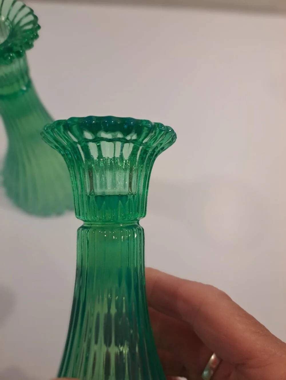 2 Vtg Fostoria Heirloom Light Greenish Opalescent Ribbed Candle Holder Vase Set